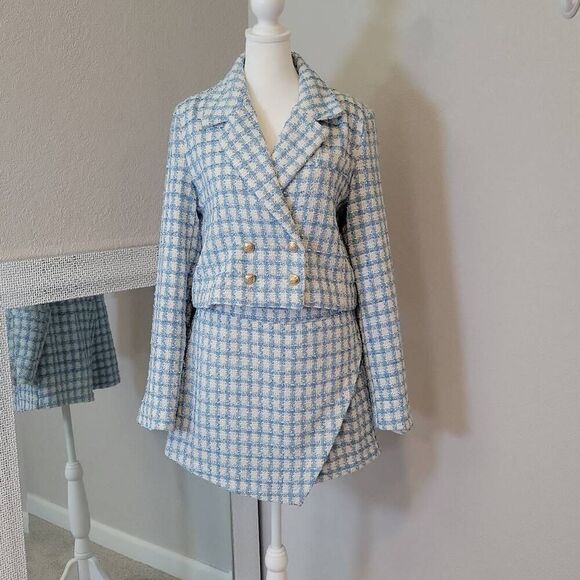 Jason Wu Women's Tweed Suit Skort/Short Set Baby Blue & White Size 10 - Picture 1 of 11